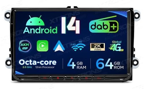 XTRONS Radio de coche Android 14, PX94MTVDAB, GPS, CarPlay, DAB+, Wi-Fi 4G, compatible con Golf, Passat, Tiguan, Seat, Skoda, 180 W, color negro