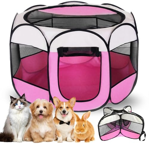 Cane per cuccioli, pieghevole, 74 x 74 x 43 cm, per la casa, per cani, gatti, conigli, interni ed esterni (rosa)