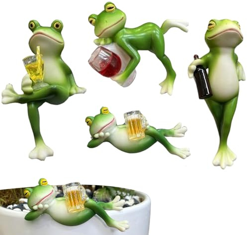 4 piezas de figuras de rana Tipsy, maceta de rana en miniatura, colgadores de plantas, decoraciones para macetas, ranas felices y relajadas, abrazador de macetas para jardín, patio, adorno de césped