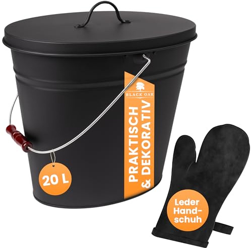 BLACK OAK Vesuvio Seau à cendres, 20 l, avec gant en cuir, noir, ovale avec couvercle, grand modèle, en acier galvanisé ignifuge et revêtu par pulvérisation, pour cendres et charbon, accessoire idéal
