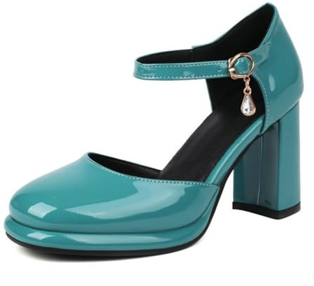 Generico Donna Vernice Mary Jane Pumps Punta Quadrata Tacco Blocco Grosso Cinturino Caviglia Cristallo Ciondolo Piattaforma Elegante Scarpe Retro Ufficio Festa Pumps,Verde,34 EU