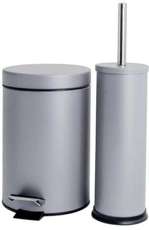 Harbour Housewares 3L Bathroom Bin & Brush Set - Grey - 2pc Round Stainless Steel Pedal Bin & Toilet Brush Set Slim Small Trashcan for Kitchen Waste, Bathroom Rubbish