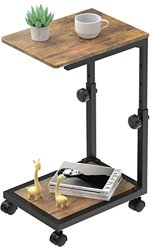 NATFAIRY C Shaped End Table with Rolling Wheels, Height Adjustable Sofa Side Table for Small Space Bedroom, Industrial TV Tray Couch Table Cart for Living Room, Retro Brown & Black