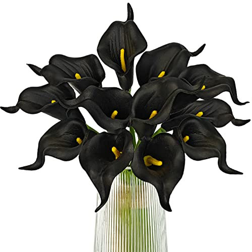 Letjolt Lot de 12 Fleurs de lys Calla artificielles Noires pour Bouquet de Mariage - Décoration d'intérieur - Noir