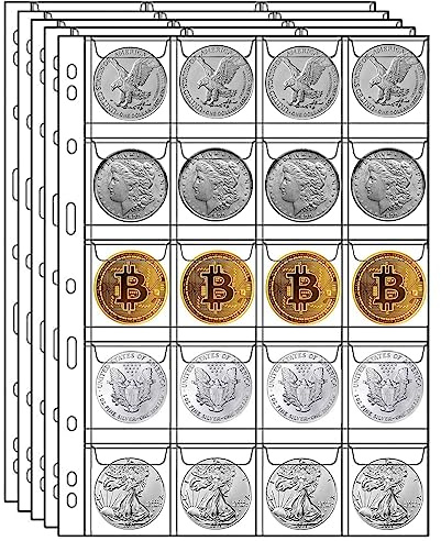 MUQING 400 Pockets Coin Collecting Supplies, 20 Sheets Coin Pages Sleeves Collectors for 3 and 4 Ring Binder, Coin Plastic Sheets for Album(20 Pocket)