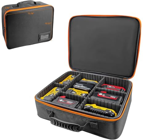 Extra große Hartschalen-Akku-Tragetasche passend für Dewalt/Milwaukee/Makita 20 V/60 V/12 V/18 VAkku und Ladegerät, tragbare Elektrowerkzeugbox, Aufbewahrungstasche mit verstellbaren Trennwänden für