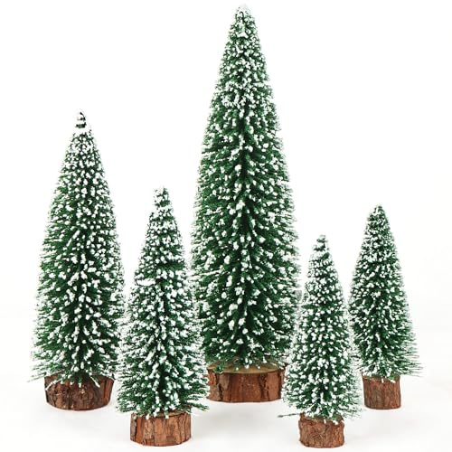 Miniature Christmas Trees 5Pcs, Bottle Brush Christmas Trees Decorations | Small Sisal Frost Trees with Wooden Bases, Mini Christmas Tree Ornaments for Tabletop, Village Decor, Winter Snow Crafts