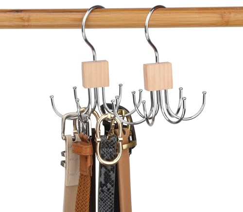LMSAWK 2 Pièces Bois Cintre De Ceinture, Organisateur De Ceinture Rotatif, Petit Support De Rangement pour Ceinture, pour Chaussettes, Ceinture, 6 Crochets, Couleur en Bois