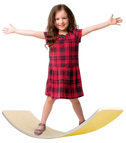 HIUOUIH Balance Board Bambini Balance Board Oscillante in Legno Tavola di Equilibrio per Allenamento Motorie con Retro in Feltro, Con Capacità di Carico Fino a 200 kg, Giallo