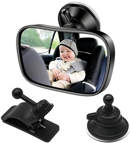 Baby Mirror 360° Adjustable, Safe Child Rear View Mirror with Sucker & Clip, Back Seat Mirror to See Baby, 100% Shatterproof
