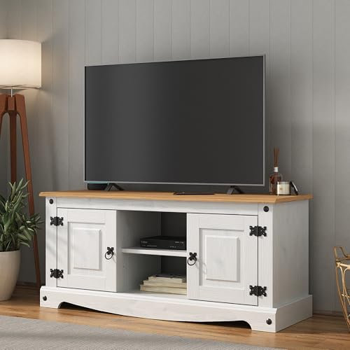 Corona White TV Stand Flat Screen Entertainment Unit 2 Door Television Cabinet Mexican Solid Pine