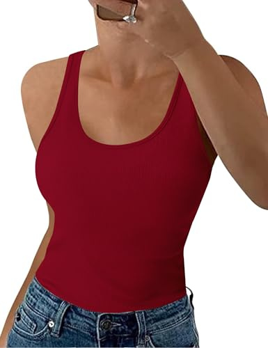 Aottori Canotta Donna Girocollo Tank Top Elegante Slim Fit Basic Canottiera a Coste Elasticizzato Shirt Senza Maniche Sexy Rosso L