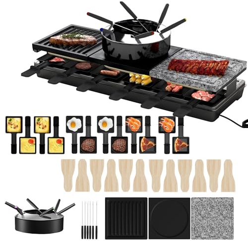 UISEBRT Raclette Grill per 12 persone, macchina da raclette 3 in 1 con padella, set per fonduta, pietra calda, 12 padelle e 12 spatole per legno, piastra per raclette antiaderente, 1650 W