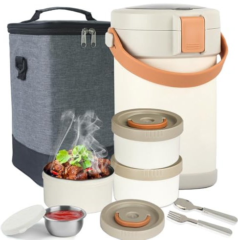 GraceKit 67 oz Audult Hot Food Insulated Food Container,2L 3 Layer Insulated Lunch Box Kit Stainless Steel Vacuum Soup Food Thermo Stackable Hot Food Jar Bento Box for Men, Women-Opaline