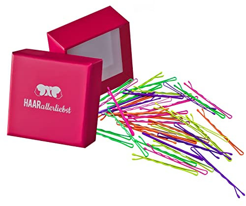 HAARallerliebst 40 Haarnadeln - 5 cm Bobby Pins - neon Farben für alle Haartypen – Haarklemmen Damen & Hair Pins in pinker Box - Perfekte Haarnadel für Styling & Halt