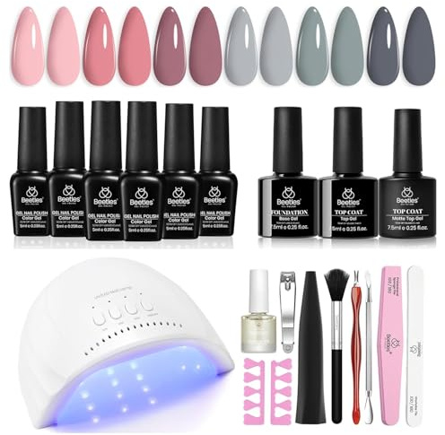 Beetles - Kit di smalto in gel per unghie con luce UV - 6 colori, smalto nude grigio rosa, kit starter per manicure con base e top coat, soak off, LED, per salone, fai da te a casa, regalo per donne