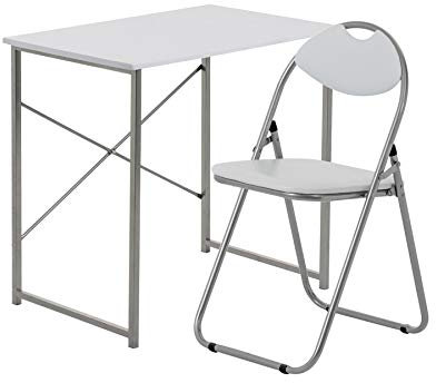 Harbour Housewares Industrial Office Desk & Chair Set - 80cm - White/White - PC Computer Workstation Contemporary Laptop Durable Tubular Steel Compact Wooden Desk and Folding Chair for Study, Offices