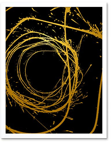 Artery8 Gold Effect Yellow Black Paint Splat Wire Abstract Artwork Framed Wall Art Print 9X7 Inch