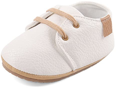 LACOFIA Zapatos Oxford con Cordones para Bebé Niños Zapatillas Primeros Pasos Antideslizantes para Bebés Blanco 12-18 Meses
