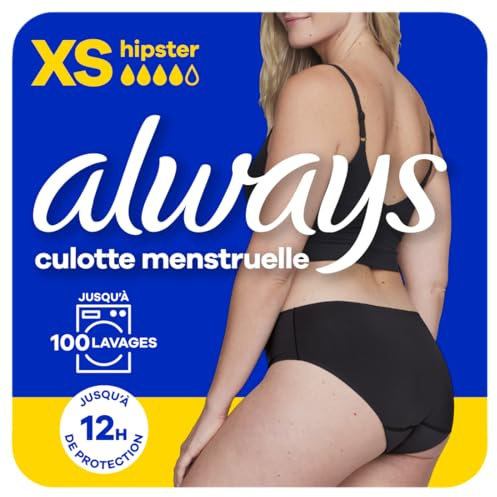 Always - Culotte Menstruelle Hipster Lavable, XS, 36-38, 1 Sous-vêtement Pour Règles, Noir, Flux Moyen À Abondant, Réutilisable Jusqu’à 100 Lavages, Jusqu’à 12h De Protection, Confort Toute la Journée