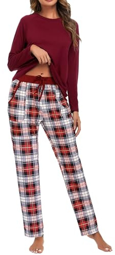 Uniexcosm Women's Pyjama Sets Cotton Checked Loungewear Set Long Sleeve Cotton Top and Pants Sleepwear for Ladies Wine Red