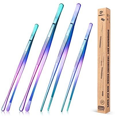 4 Stück feine Pinzettenzangen, 12'' und 10'' Edelstahl Pinzetten Set, Professionelle Regenbogen Pinzette für Kochen, Reparieren, Meeresfrüchte und BBQ