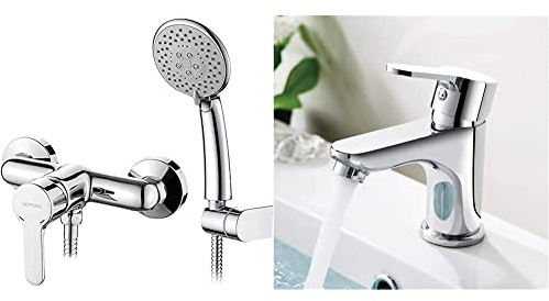 GRIFEMA PORTO-G12003 | Duscharmatur - Chrom & Bad Wasserhahn Wassersparend- Mischbatterie mit 50cm Kalt/Warmwasser Anschluss, Waschtischarmatur Infache Montage, Chrom