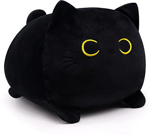 Desdfcer Schwarz Katze Plüschtier, 33CM Schwarz Katze Kuscheltier Gefüllte Tierkissen Spielzeug, Weiche Plüsch Katze Stofftierpuppe Geschenk für Kinder