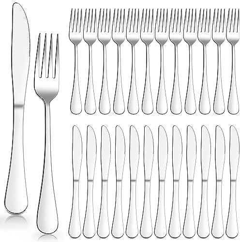 Herogo Steakbesteck Set, 24-teilig Edelstahl Tafelmesser und Tafelgabeln für 12 Personen, Silber Pizzabesteck Set mit 12 Messer und 12 Gabel, Rostfrei Besteck Set, Spülmaschinenfest