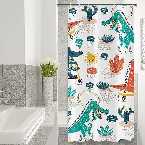 ASDCXZ Cortina de ducha infantil de 120 x 180 cm, linda caricatura de cocodrilo, cactus, sol, nube, lavable, estrecha, cortinas de ducha impermeables para bañera