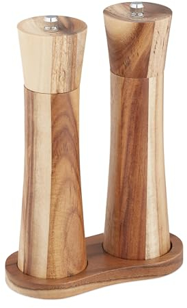 Relaxdays Juego 2 Molinillos Sal y Pimienta Manuales, Especias Muela Cerámica, con Bandeja, Madera Acacia, Acrílico, Marrón, 21 x 5,5 cm