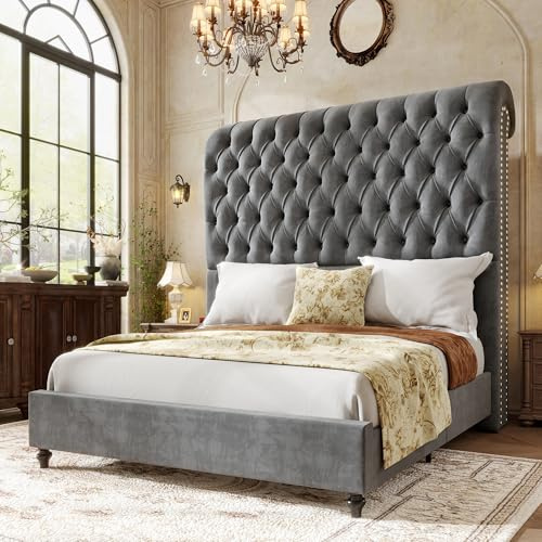 Jocisland Queen Size Bed Frame with 59 Tall Upholstered Headboard, Luxury Velvet Bed with Handcrafted Deep-Tufted Design and Solid Wood Legs, Noise-Free, No Box Spring Needed,Light Gray
