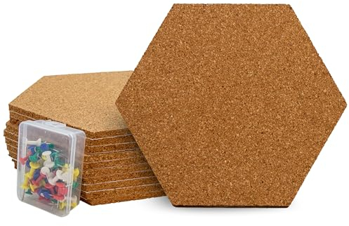 Raylu Paper® Sechseckiger Kork für die Wand, selbstklebend, 10 Naturkorkbretter mit 6 mm Dicke, inklusive 47 farbigen Reißzwecken, 20 cm x 17,5 cm.