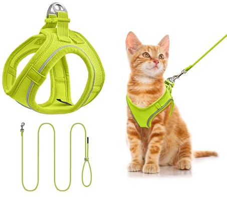 Arnés para Gatos con Correa 255 cm - Tela de Malla, Cómoda y Transpirable - Ajustable, Antiescape, Seguridad y Reflectante - para Caminar y Entrenar - para Gatitos (Verde limón, XXS)