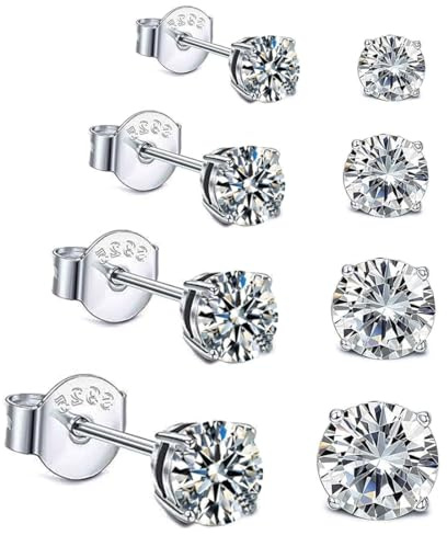 LuLiyLdJ 4 Pares de Pendientes de Diamantes para Mujeres y Niñas, 3-6 mm, Aretes de Espárrago de Acero Inoxidable Plateado, Hipoalergénicos, Perfectos para Casi Todos los Oídos Sensibles