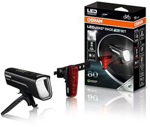 OSRAM LEDsBIKE Race 80 Set, Set di luci Ricaricabili per Bicicletta, Set di luci a LED Anteriori e Posteriori, molteplici modalità di Illuminazione, Tre Livelli di luminosità, 80 Lux