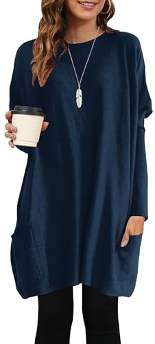 AUSELILY Long Sleeve Tops Women Long Lightweight Jumpers Ladies Oversized T-Shirts Loose Tunic Tops Sweatshirts with Pockets Navy Blue XL