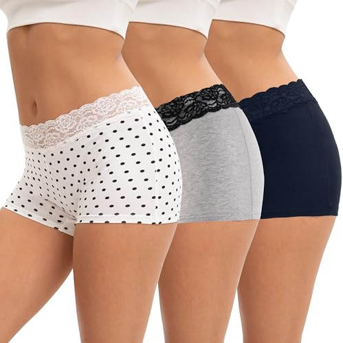 INNERSY Boxershorts för kvinnor, bomull, kalsonger, spets, hipster, underkläder, pojkshorts, trosor 3-pack