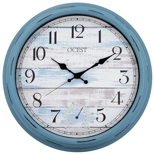 OCEST 40,6 cm große Uhr für drinnen und draußen, wasserdichte Wanduhr mit Thermometer, wetterbeständig, nicht tickend, batteriebetrieben, Dekoruhr für Terrasse, Pool, Veranda, Garten, Badezimmer