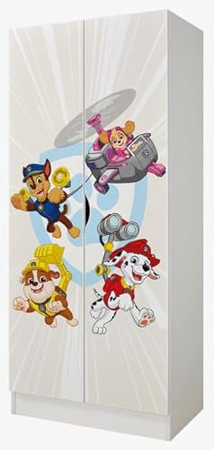 Leomark Weiß zweitüriger Kleiderschrank für Kinder - Roma - funktionaler Schwebetürenschrank, Dim: 70 x 42,5 x 161,5 (H) cm, Kommode, Schrank, Möbel für Kinder (UV-Druck: Paw Patrol 12)