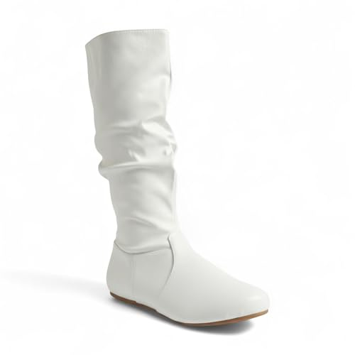 ABSOLEX Womens Soft Slouchy Mid-Calf Flat to Low Heel Pull On Fall Weather Winter Boots, White Pu, 6