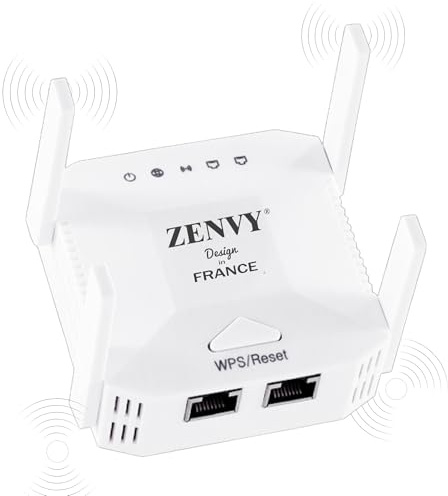 ZENVY France Kraftfull WiFi-repeater AC1200, 1200 Mbps WiFi-förstärkare med dubbla band, wifi-repeater med 2 antenner, WPS One Click Configuration, kompatibel med alla internetboxar
