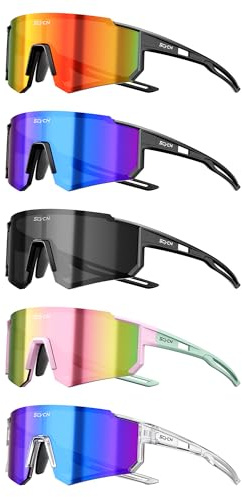 SCVCN Pack de 5 gafas de ciclismo para hombre y mujer, gafas de sol para bicicleta ligeras con diseño envolvente y almohadillas nasales ajustables, lentes espejo UV400 para carretera, MTB, gravel y de