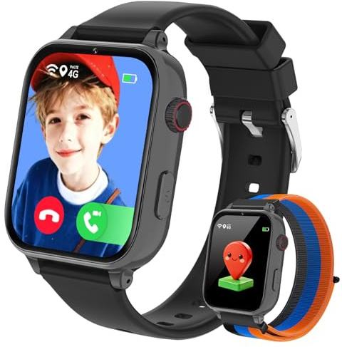 Smartwatch für Kinder GPS und Telefon, 4G Kinderuhr mit Videoanruf Voice Chat Spiele Schulmodus Wecker Schrittzähler Taschenrechner, Smart Watch für Kids Mädchen Jungen 4-12 Jahren (Schwarz Blau-C)