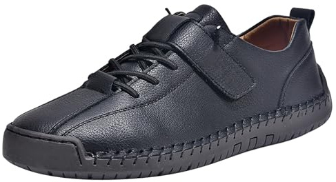 Läderskor för kvinnor och män låg topp platt krok och ögla | Handsydd rund tå bred passform halkfri unisex lediga promenadsneakers kontor utomhus