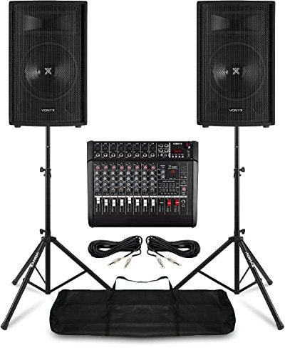 Vonyx 15 PA System Package with Mixer Amp, 2x800W Passive Speakers, Bluetooth DSP, Tripod Stands, Cables – Live Band, Church, Singer Ready Audio System