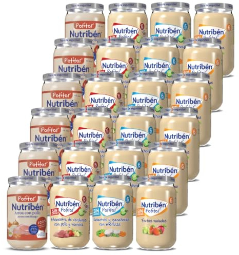 Nutribén Pack de 24 Potitos variados | Arroz con Pollo | Menestra de Verdura con Pollo y Ternera | Guisantes con zanahorias y merluza | Frutas Variadas - Desde los 6 Meses - 24 x 235gr