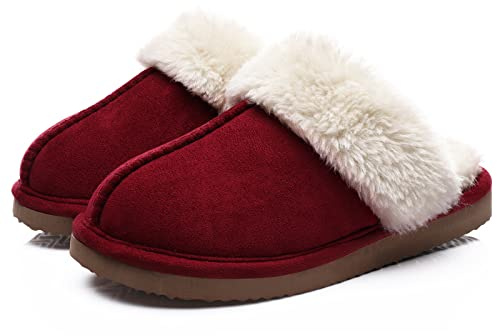 Litfun Women Winter Fuzzy Foam Slippers Indoor, Wine 5-5.5