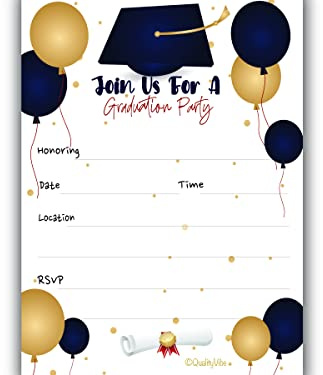 25 Graduation Party Invitations With Envelopes, Fill In Flat Style You're Invited For Graduation Parties & Grad Annoucements. Thick & Non Coated Cardstock For Use With Any Pen. Gold & Dark Balloon