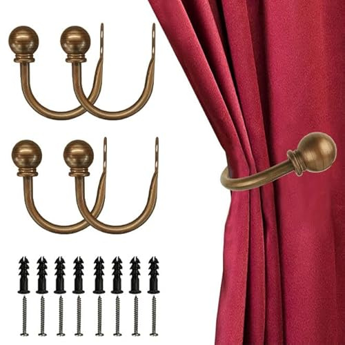 Kowibcl Curtain Holdbacks, Curtain Hooks for Drapes with Screws Wall Mounted, Decorative Drapery Holdbacks for Bedroom Livingroom Office, Oil Rubbed Bronze Ball Finials Curtain Tiebacks (4pcs)